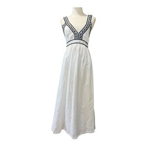 J.Crew White Linen Cotton Embroidered V-Neck Maxi Sundress Size 0 Like New